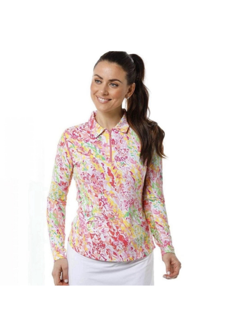 IBKUL Cat Cay Print Long Sleeve Polo Yellow Cougar Tennis Golf Preppy Vibrant XS